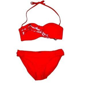 BECCA red polka dot Pinup ruffle bandeau bikini swimsuit women's size large